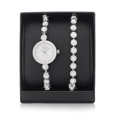 Ladies silver plated watch and crystal stone bracelet set